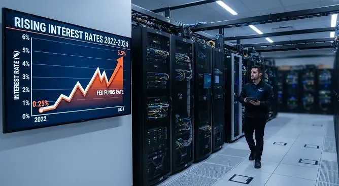 Data center racks beside a chart of rising interest rates
