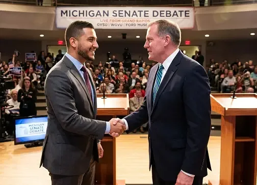 Abdul El-Sayed and Mike Rogers, the Michigan Senate nominees, ahead of their first debate in Grand Rapids